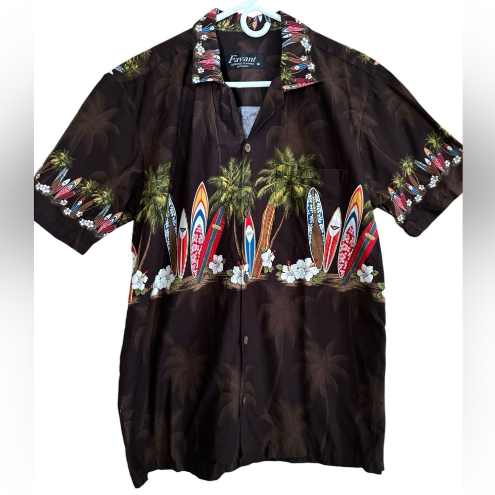Favant Cotton Brown Hawaiian Colorful Surfboard Palms Beach Shirt Mens Size M